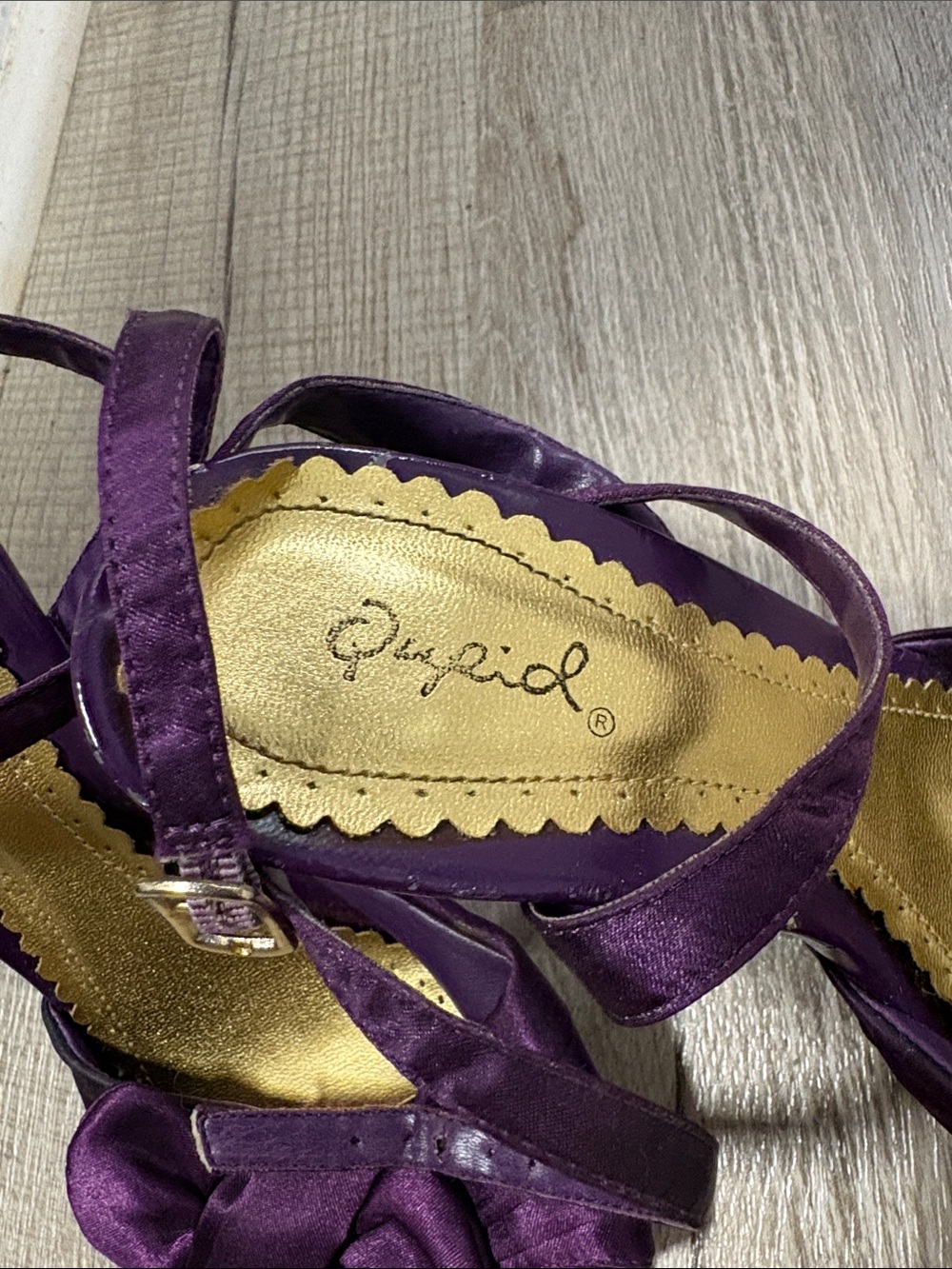 Qupid Purple Satin Peep-Toe Heels with Bow Accent - Picture 2 of 4